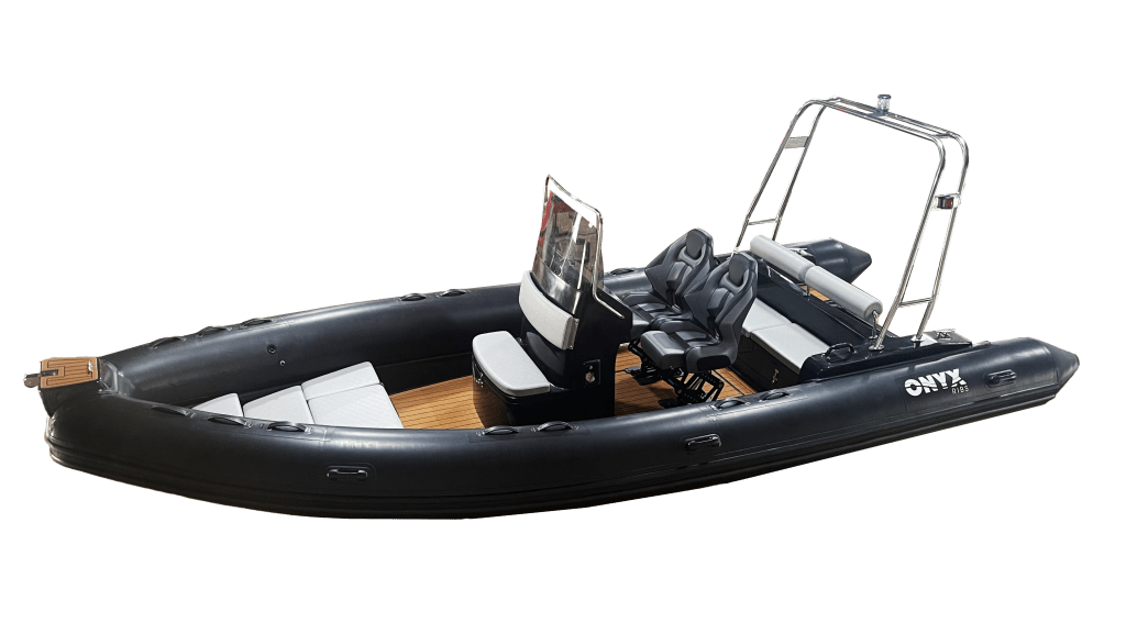 Onyx 760 Black. Our 7.6m rib with all the extras, black GRP hull and topsides, black Hypalon tubes, suspension bucket seats with movable bolster, fresh water shower, EVA floor, hydraulic steering, 9" Garmin chart plotter with transponder, VHF, Stereo and speakers, 200hp Suzuki engine.